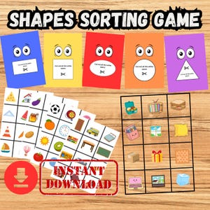 May include: A shapes sorting game printable set featuring five colorful cards with cartoon eyes and white shapes for cutting, alongside two grid sheets filled with various illustrated objects like food, vehicles, and household items.