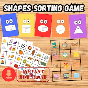 Pode incluir: Um jogo de classificação de formas para imprimir com cinco cartões coloridos com olhos de desenho animado e formas brancas para recortar, além de duas folhas quadriculadas preenchidas com vários objetos ilustrados como comida e veículos.