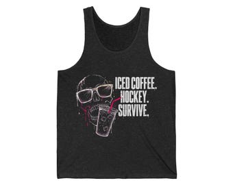 Camiseta sin mangas con estampado de calavera de hockey y café helado – Camiseta con estampado de supervivencia