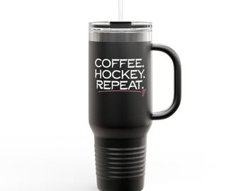 Taza térmica de viaje de 1,2 litros (40 oz). Café. Hockey. Repetir. Vaso resistente al frío para aficionados al hockey.