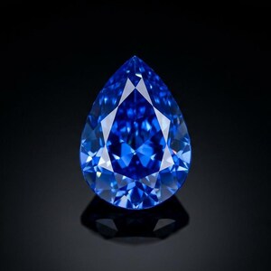 Puede incluir: Una piedra preciosa azul en forma de pera con un corte facetado que crea una superficie brillante y reflectante. La piedra muestra tonos azules profundos y vibrantes, con facetas geométricas nítidas que captan la luz sobre un fondo negro.