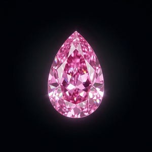 Puede incluir: Una piedra preciosa rosa en forma de pera con una superficie facetada que refleja la luz, creando un brillo intenso. La piedra presenta un degradado de color magenta intenso y rosa claro en toda su estructura sobre un fondo negro sólido.