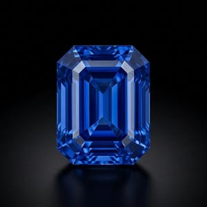 Puede incluir: Una piedra preciosa de color azul vibrante tallada en forma de esmeralda rectangular con bordes facetados. La piedra muestra tonos azul real profundos y reflejos internos claros, exhibiendo un patrón geométrico simétrico en su superficie pulida.