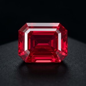 Puede incluir: Una gema de color rojo intenso y vibrante con un corte rectangular tipo esmeralda. La piedra presenta bordes precisos con múltiples facetas que reflejan la luz, creando brillos nítidos y sombras internas dentro del cuerpo carmesí translúcido.