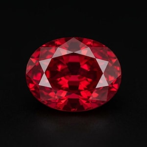 May include: A vibrant, oval-cut gemstone with a deep, saturated red color. The stone features a complex arrangement of triangular and kite-shaped facets that create a brilliant, reflective surface, showcasing intense light play and clarity.
