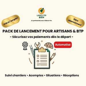 May include: An advertisement for a launch pack for artisans and BTP. The image features a clipboard with tools, a rocket ship logo, and text in French. The text includes "Prêt à l'emploi", "Sans abonnement", and "Automatisé".