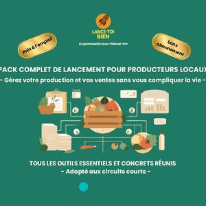Peut inclure: Visuel sur fond vert d'eau avec le texte "PACK COMPLET DE LANCEMENT POUR PRODUCTEURS LOCAUX". L'image comprend des icônes d'une caisse en bois de produits, un presse-papiers et d'autres graphiques liés aux affaires.