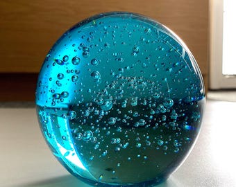 Fermacarte vintage in vetro artistico blu, sfera in vetro soffiato a mano con effetto bolla controllata