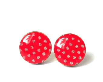 Red Stud Earrings , Polka Dot Stud Earrings , Bridesmaids Gift, Japanese Chioygami , Paper and Wood Earrings , Gift under 10