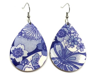 Tear Drop Earrings, White and Blue, Cherry Blossoms, Japanese Chiyogami Paper, Wood, Lightweight, Laser cut, Resin coated, Pattern varies