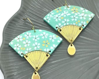 Aqua Floral Japanese Fan Earrings: Gold Stainless Steel Hooks