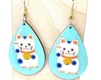 Maneki Neko Kawaii Earrings, Lucky Cat, Tear Drop Japanese Chiyogami Paper, Wood, Lightweight, Laser cut, Resin, Aqua or Raspberry