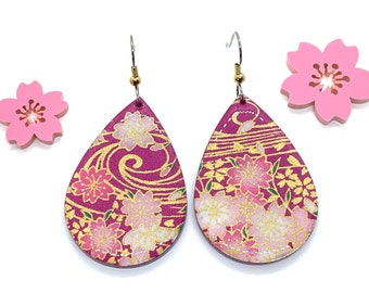 Pink Floral Japanese Paper Earrings, Plum Teardrop Cherry Blossom Jewelry, Lightweight Gift for Her