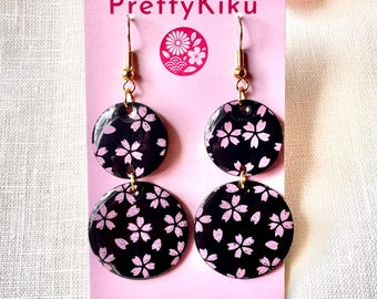 Pink Sakura on Black Japanese Paper Dangle Earrings, Lightweight Floral Cherry Blossom Jewelry Gift