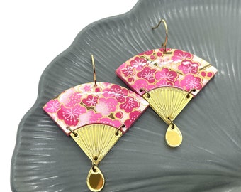 Pink Cherry Blossom Fan Earrings: Gold Acrylic, Stainless Steel