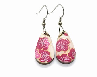 Chiyogami Drop Earrings: Plum Cherry Blossoms, Laser Cut Wood