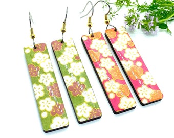 Cherry Blossom Japanese Paper Earrings, Sakura, Chiyogami, Paper on Wood, Hypoallergenic stainless steel, Green or Pink