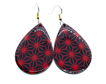 Red & Black Starburst Japanese Paper Teardrop Earrings