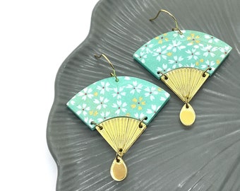 Japanese Fan Earrings, Aqua and Gold, Floral, Cherry Blossom, Acrylic earrings, Hand fan, women's jewelry, gift under 25, stainless steel