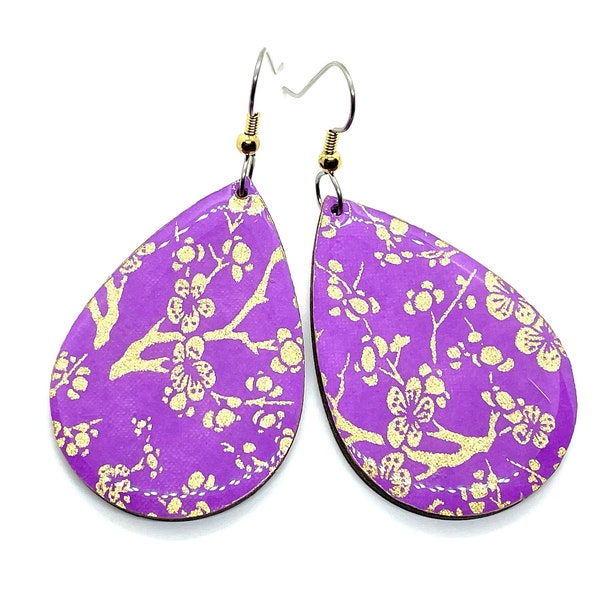 Purple and Gold Japanese Paper Earrings, Tear drops, Cherry blossom branches, Lightweight, Laser cut wood, Resin coated, Pattern varies