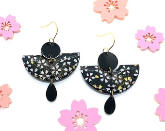 Black Fan Earrings, Japanese Earrings, Geometric Earrings, Minimalist Earrings, Japanese Paper, Acrylic, Resin, Floral Earrings, statement