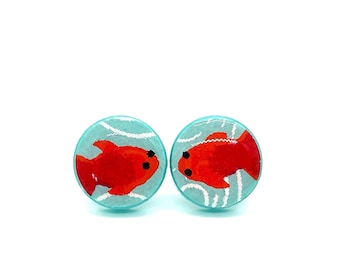 Koi Earrings, Turquoise and Red, Japanese Earrings, Kawaii Earrings, Cute Stud Earrings, Round studs, Acrylic and Resin, pattern varies