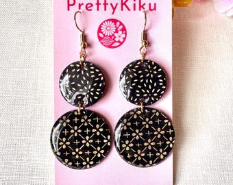 Elegant Black & Gold Floral Earrings – Handmade Japanese Paper