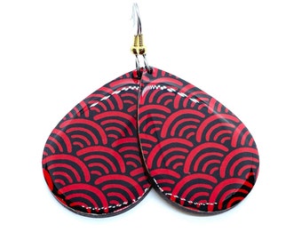Red and Black Japanese Paper Earrings: Laser Cut Teardrop Scales