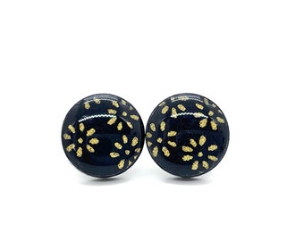 Black and Gold Floral Stud Earrings, Japanese Paper, Abstract, Geometric, Minimalist, Kawaii, hypoallergenic, resin coated, prettykiku