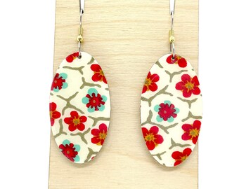 Cute Floral Japanese Paper Earrings, Turquoise and Red, Oval, Spring, Chiyogami, Bold, laser cut, hypoallergenic, lightweight, liberty