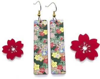 Kimono Tube Earrings, Japanese, Sakura, Cherry Blossoms, Red Acrylic, Holidays, Christmas, kimono washi tape, lightweight, gift under 25