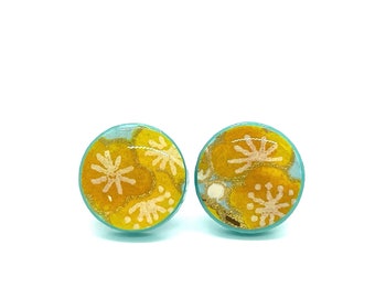 Cherry Blossom Stud Earrings, Japanese Earrings, Turquoise and Mustard Yellow, Kawaii, Minimalist, Acrylic, Resin, pattern varies, sakura