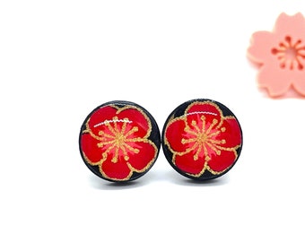 Cherry Blossom Stud Earrings, Red Sakura, Japanese Paper, Acrylic, Resin, Floral, Japanese Earrings, Minimalist, hypoallergenic, prettykiku