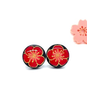 Cherry Blossom Stud Earrings, Red Sakura, Japanese Paper, Acrylic, Resin, Floral, Japanese Earrings, Minimalist, hypoallergenic, prettykiku