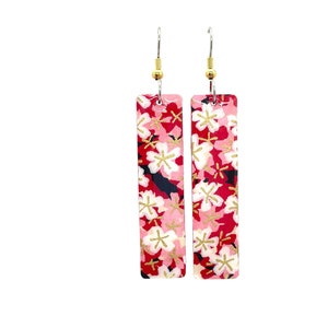 Red and Pink Japanese Earrings, Cherry Blossoms, Sakura, Tube Earrings, Japanese Paper, Red acrylic earrings, Kawaii, Lightweight, resin