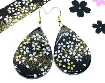 Black Teardrop Earrings: Gold Accent, Japanese Paper Flowers