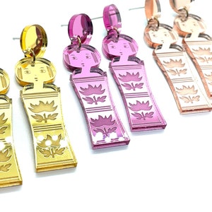 Japanese Kokeshi Earrings, Mirror Acrylic, Rose Gold, Pink, Gold, Vintage Japanese Kokeshi Doll, laser cut, laser etched, image 3