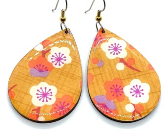 Orange Plum Blossom Paper Earrings: Lightweight Laser Cut Wood