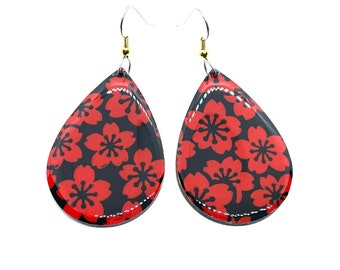 Red And Black Cherry Blossom Earrings: Japanese Paper Teardrop, Lightweight