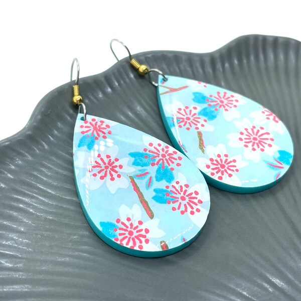 Sakura Japanese Paper Tear Drop Earrings, Aqua and red, Acrylic base, Chiyogami, Hanami, Spring, Lightweight, Resin, pattern varies