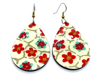 Cute Japanese Paper Tear Drop Earrings, Liberty style, Floral, Lightweight, Laser cut wood, Resin coated, Pattern varies, small blooms