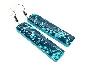 Blue Floral Earrings, Cherry Blossoms, Acrylic, Long Tube Dangles, Washi Tape, Japanese Earrings, Turquoise, Tiny blooms, Boho, lightweight