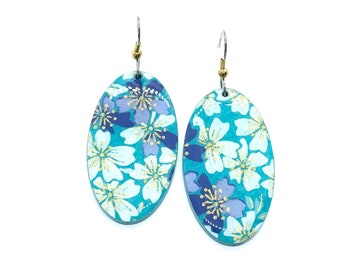 Turquoise Japanese paper and  Acrylic Earrings, plum flowers, Ume, Resin, Oval dangles, laser cut, Gold pigment, hypoallergenic, lightweight