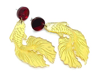 Gold Koi Fish Earrings: Laser Cut Mirror Acrylic, Japanese Style