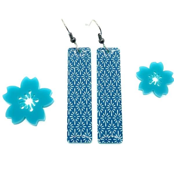 Blue Japanese Earrings, MT washi tape, Hanabishi, Floral, Geometric, laser cut, teal acrylic, minimalist, hypoallergenic, lightweight, denim