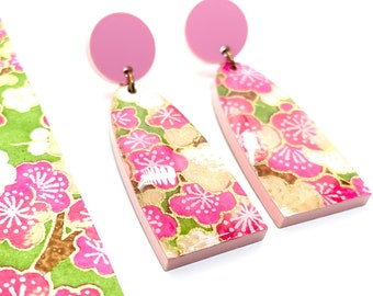 Sakura Drop Earrings: Pink Matte Acrylic, Japanese Paper, Resin Coated