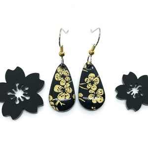 Black Japanese Paper Earrings, Cherry blossom earrings, sakura earrings, black and gold, minimalist, floral, kawaii, cute, acrylic earrings
