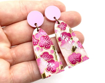 Sakura Drop Earrings: Pink Floral Japanese Paper, Matte Acrylic