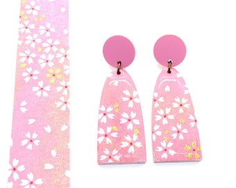 Sakura Drop Earrings: Pink Japanese Paper Floral Acrylic, Resin Coated