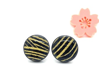 Black and Gold Stud Earrings, Japanese Earrings, Acrylic and Resin, Geometric Earrings, Minimalist, Pattern Varies, hypoallergenic, kawaii